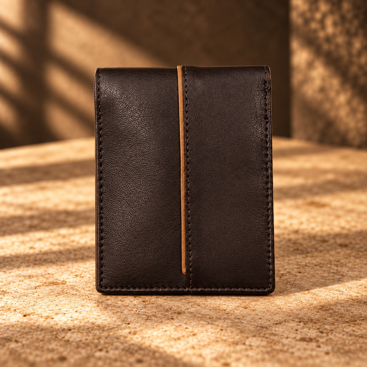 CRAFT dark brown coin pocket flip-id bifold wallet, closed exterior seam