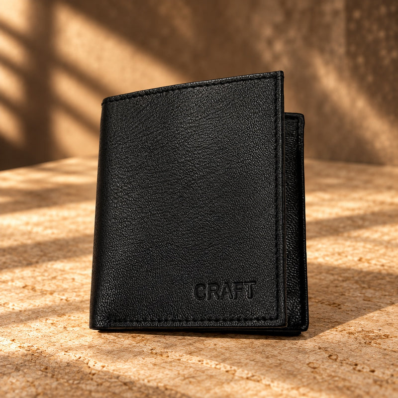CRAFT black multi-card flip-id bifold wallet, closed exterior