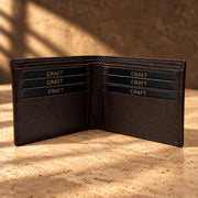CRAFT dark brown classic flip-id bifold wallet, open card layout