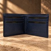 CRAFT navy classic flip-id bifold wallet, open card layout