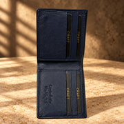 CRAFT navy classic flip-id bifold wallet, open wallet and ID section