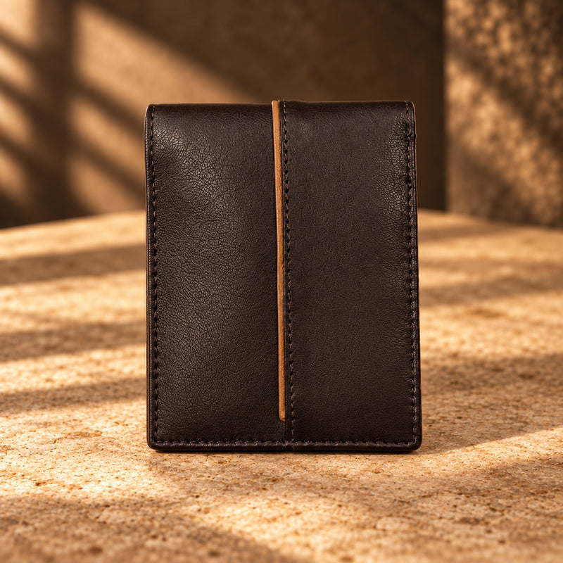 CRAFT dark brown coin pocket flip-id bifold wallet, closed exterior seam