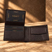 CRAFT dark brown coin pocket flip-id bifold wallet, open ID window and coin pocket