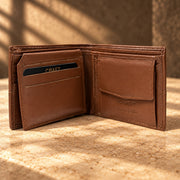 CRAFT tan coin pocket flip-id bifold wallet, open card and coin pocket layout