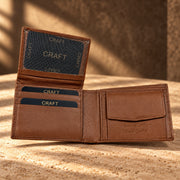 CRAFT tan coin pocket flip-id bifold wallet, flip-out ID window and coin pocket