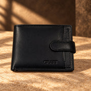CRAFT black snap-tab bifold with id insert wallet, closed snap-tab exterior