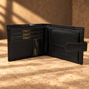 CRAFT black snap-tab bifold with id insert wallet, open card layout and closure tab