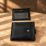 CRAFT black snap-tab bifold with id insert wallet, wallet with removable ID insert