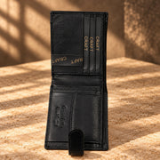 CRAFT black snap-tab bifold with id insert wallet, interior card detail
