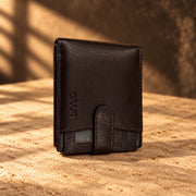 CRAFT dark brown snap-tab bifold with id insert wallet, closed snap-tab exterior