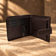 CRAFT dark brown snap-tab bifold with id insert wallet, open card layout and closure tab
