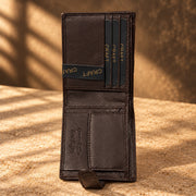 CRAFT dark brown snap-tab bifold with id insert wallet, interior card detail