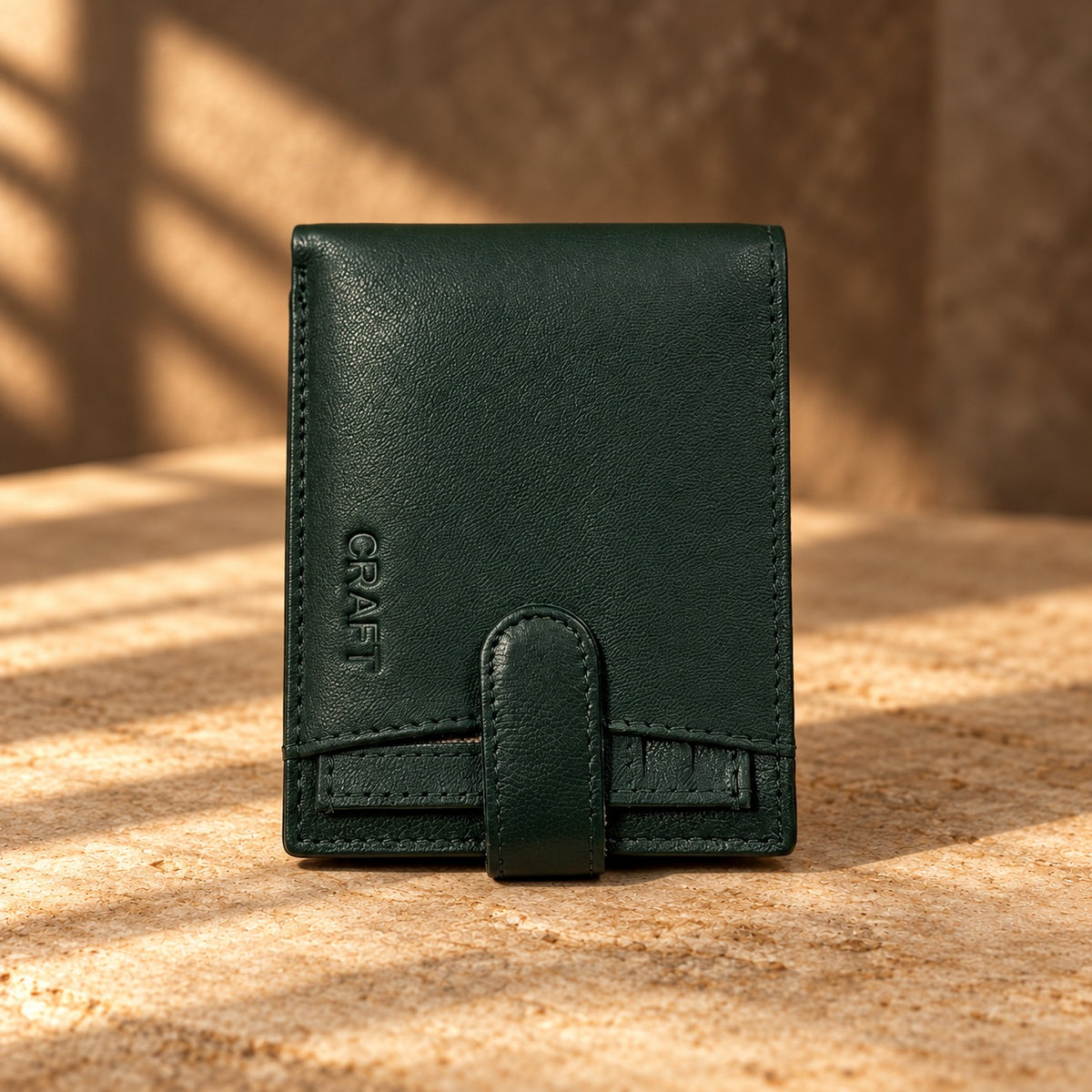 CRAFT forest green snap-tab bifold with id insert wallet, closed snap-tab exterior