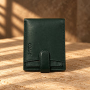 CRAFT forest green snap-tab bifold with id insert wallet, closed snap-tab exterior