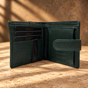 CRAFT forest green snap-tab bifold with id insert wallet, open card layout and closure tab