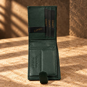 CRAFT forest green snap-tab bifold with id insert wallet, interior card detail
