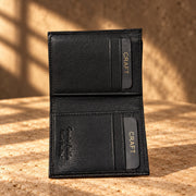 CRAFT black compact flip-id bifold wallet, open interior detail
