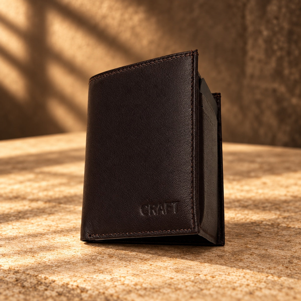 CRAFT dark brown compact flip-id bifold wallet, closed exterior