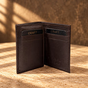 CRAFT dark brown compact flip-id bifold wallet, open interior