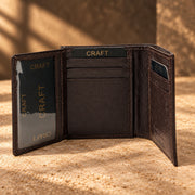CRAFT dark brown compact flip-id bifold wallet, ID and card detail