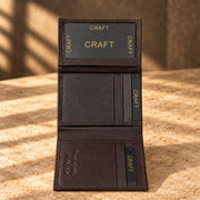 CRAFT dark brown compact flip-id bifold wallet, flip-out ID section