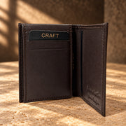 CRAFT dark brown multi-card flip-id bifold wallet, open card layout
