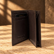 CRAFT dark brown multi-card flip-id bifold wallet, open side profile