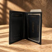 CRAFT black cross-slot quick-access bifold wallet, open ID and card layout