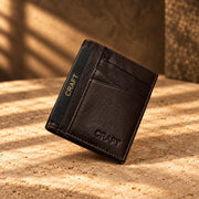 CRAFT dark brown cross-slot quick-access bifold wallet, closed exterior cross-cut card slots