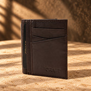 CRAFT dark brown cross-slot quick-access bifold wallet, standing exterior view