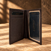 CRAFT dark brown cross-slot quick-access bifold wallet, open ID and card layout